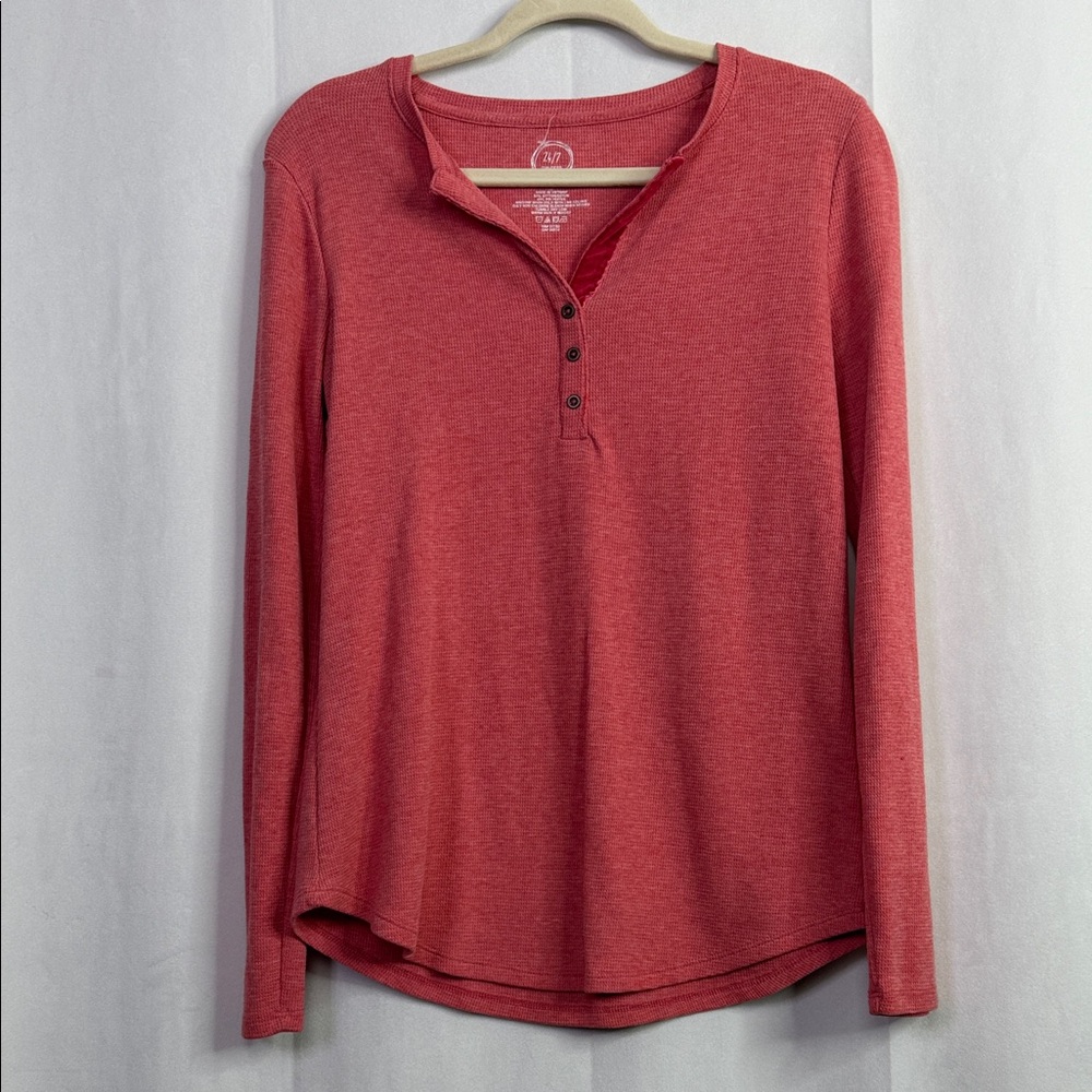 Maurices 24/7 Pink Thermal Henley Top Long Sleeve Button Front Waffle Knit Top